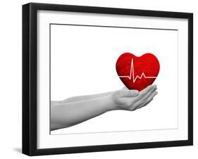 Red Human Heart Sign or Symbol with Pulse Held in Human Man or Woman Hands-bestdesign36-Framed Photographic Print