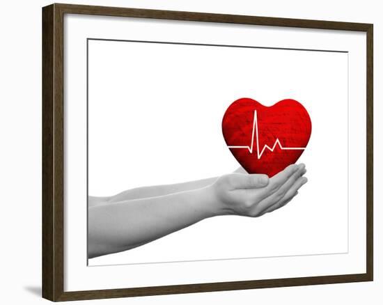 Red Human Heart Sign or Symbol with Pulse Held in Human Man or Woman Hands-bestdesign36-Framed Photographic Print