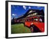 Red Jammer Buses Parked in Front of Glacier Park Lodge in East Glacier, Montana, USA-Chuck Haney-Framed Photographic Print