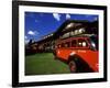 Red Jammer Buses Parked Outside of Glacier Park Lodge, Montana, USA-Chuck Haney-Framed Photographic Print