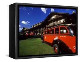Red Jammer Buses Parked Outside of Glacier Park Lodge, Montana, USA-Chuck Haney-Framed Stretched Canvas