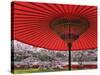 Red Japanese Parasol and Pink Cherry Blossoms-Rudy Sulgan-Stretched Canvas