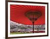 Red Japanese Parasol and Pink Cherry Blossoms-Rudy Sulgan-Framed Photographic Print