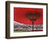 Red Japanese Parasol and Pink Cherry Blossoms-Rudy Sulgan-Framed Photographic Print