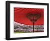 Red Japanese Parasol and Pink Cherry Blossoms-Rudy Sulgan-Framed Photographic Print