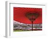 Red Japanese Parasol and Pink Cherry Blossoms-Rudy Sulgan-Framed Photographic Print