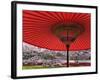 Red Japanese Parasol and Pink Cherry Blossoms-Rudy Sulgan-Framed Photographic Print