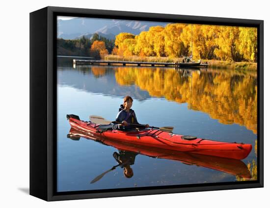 Red Kayak and Autumn Colours, Lake Benmore, South Island, New Zealand-David Wall-Framed Stretched Canvas