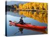 Red Kayak and Autumn Colours, Lake Benmore, South Island, New Zealand-David Wall-Stretched Canvas