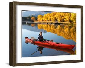 Red Kayak and Autumn Colours, Lake Benmore, South Island, New Zealand-David Wall-Framed Photographic Print
