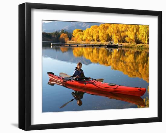 Red Kayak and Autumn Colours, Lake Benmore, South Island, New Zealand-David Wall-Framed Photographic Print