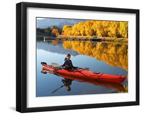 Red Kayak and Autumn Colours, Lake Benmore, South Island, New Zealand-David Wall-Framed Photographic Print