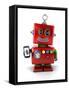 Red, Little Vintage Toy Robot with Smartphone, Smiling over White Background.-badboo-Framed Stretched Canvas