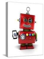 Red, Little Vintage Toy Robot with Smartphone, Smiling over White Background.-badboo-Stretched Canvas