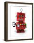 Red, Little Vintage Toy Robot with Smartphone, Smiling over White Background.-badboo-Framed Art Print