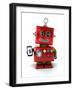 Red, Little Vintage Toy Robot with Smartphone, Smiling over White Background.-badboo-Framed Art Print