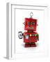 Red, Little Vintage Toy Robot with Smartphone, Smiling over White Background.-badboo-Framed Art Print