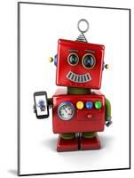 Red, Little Vintage Toy Robot with Smartphone, Smiling over White Background.-badboo-Mounted Art Print