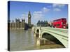 Red London Bus Crossing Westiminster Bridge, London, England, Uk-David Wogan-Stretched Canvas