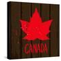 Red Maple Leaf on Brown Wood Wall, Vector Grunge Style Illustration Background-korinoxe-Stretched Canvas