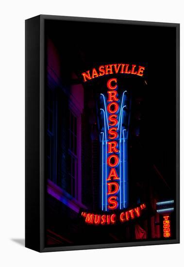 Red Neon Sign Nashville Crossroads, "Music City", Lower Broadway Area, Nashville, Tennessee, USA-null-Framed Stretched Canvas