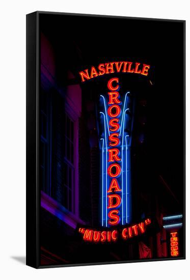 Red Neon Sign Nashville Crossroads, "Music City", Lower Broadway Area, Nashville, Tennessee, USA-null-Framed Stretched Canvas