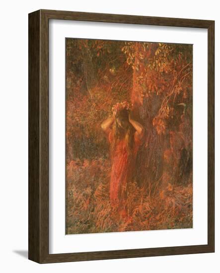 Red Nymph (Girl in a Wood Wears Flower Crown)-Plinio Nomellini-Framed Art Print