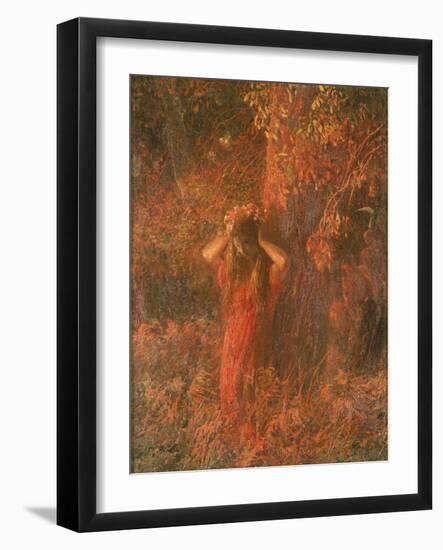 Red Nymph (Girl in a Wood Wears Flower Crown)-Plinio Nomellini-Framed Art Print