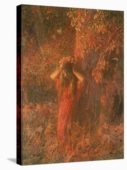 Red Nymph (Girl in a Wood Wears Flower Crown)-Plinio Nomellini-Stretched Canvas