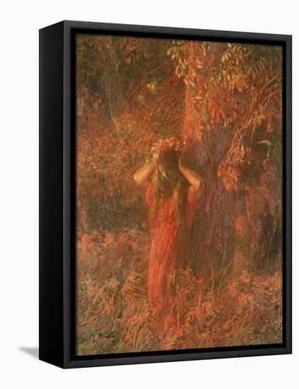 Red Nymph (Girl in a Wood Wears Flower Crown)-Plinio Nomellini-Framed Stretched Canvas