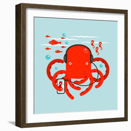 Red Octopus Listening to Smartphone Music. Underwater Headphones Listener. Vector Layered Eps8 Illu-Popmarleo-Framed Art Print