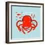Red Octopus Listening to Smartphone Music. Underwater Headphones Listener. Vector Layered Eps8 Illu-Popmarleo-Framed Art Print