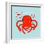 Red Octopus Listening to Smartphone Music. Underwater Headphones Listener. Vector Layered Eps8 Illu-Popmarleo-Framed Art Print