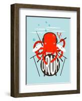 Red Octopus Playing Drums. Underwater Devil-Fish Drummer. Vector Layered Eps8 Illustration.-Popmarleo-Framed Art Print