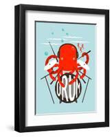 Red Octopus Playing Drums. Underwater Devil-Fish Drummer. Vector Layered Eps8 Illustration.-Popmarleo-Framed Art Print