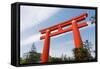 Red Otorii of Heian Jingu Shrine under the Blue Sky in Kyoto Japan.-elwynn-Framed Stretched Canvas