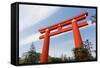 Red Otorii of Heian Jingu Shrine under the Blue Sky in Kyoto Japan.-elwynn-Framed Stretched Canvas