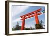 Red Otorii of Heian Jingu Shrine under the Blue Sky in Kyoto Japan.-elwynn-Framed Photographic Print