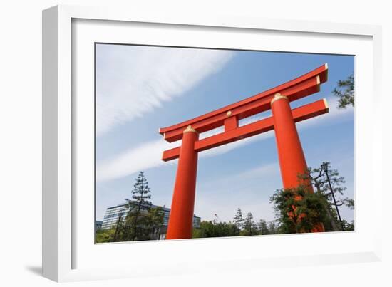 Red Otorii of Heian Jingu Shrine under the Blue Sky in Kyoto Japan.-elwynn-Framed Photographic Print