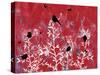 Red Painted Texture background with White Floral and Black Birds and Butterflies-Bee Sturgis-Stretched Canvas