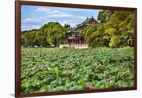 Red Pavilion Lotus Pads Garden Summer Palace Park, Beijing, China Willow Green Trees-William Perry-Framed Photographic Print