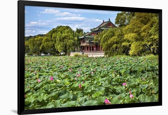 Red Pavilion Lotus Pads Garden Summer Palace Park, Beijing, China Willow Green Trees-William Perry-Framed Photographic Print