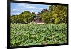 Red Pavilion Lotus Pads Garden Summer Palace Park, Beijing, China Willow Green Trees-William Perry-Framed Photographic Print