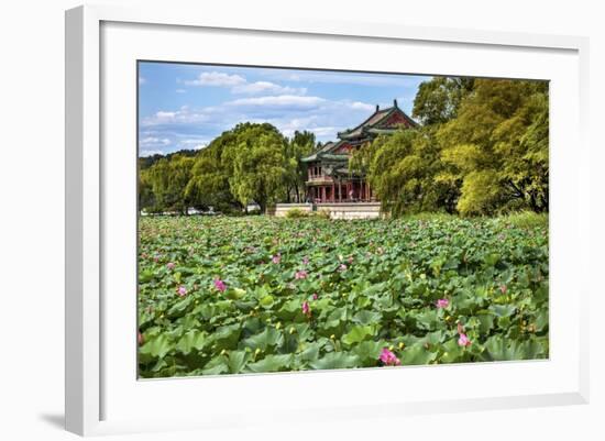 Red Pavilion Lotus Pads Garden Summer Palace Park, Beijing, China Willow Green Trees-William Perry-Framed Photographic Print