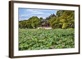 Red Pavilion Lotus Pads Garden Summer Palace Park, Beijing, China Willow Green Trees-William Perry-Framed Photographic Print