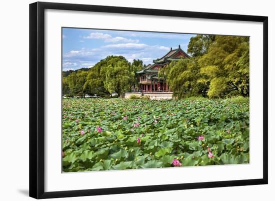 Red Pavilion Lotus Pads Garden Summer Palace Park, Beijing, China Willow Green Trees-William Perry-Framed Photographic Print