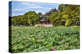 Red Pavilion Lotus Pads Garden Summer Palace Park, Beijing, China Willow Green Trees-William Perry-Stretched Canvas