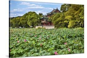Red Pavilion Lotus Pads Garden Summer Palace Park, Beijing, China Willow Green Trees-William Perry-Stretched Canvas