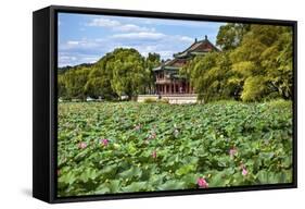 Red Pavilion Lotus Pads Garden Summer Palace Park, Beijing, China Willow Green Trees-William Perry-Framed Stretched Canvas