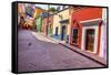 Red Pink Colorful Houses Narrow Street, Guanajuato, Mexico-William Perry-Framed Stretched Canvas